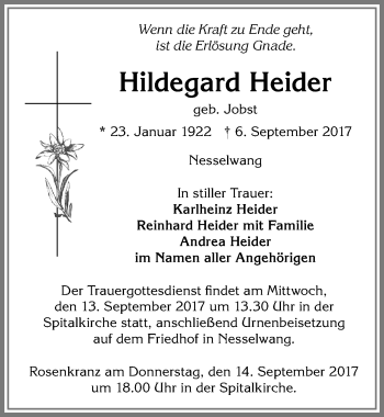 Traueranzeige von Hildegard Heider von Allgäuer Zeitung, Füssen