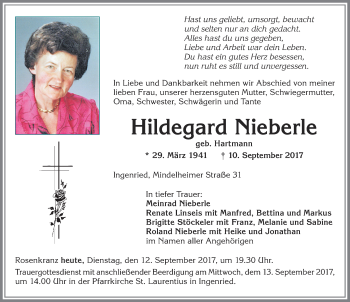 Traueranzeige von Hildegard Nieberle von Allgäuer Zeitung, Kaufbeuren/Buchloe