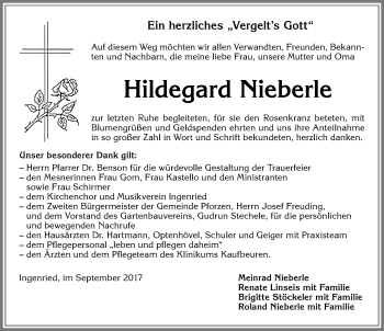 Traueranzeige von Hildegard Nieberle von Allgäuer Zeitung, Kaufbeuren/Buchloe