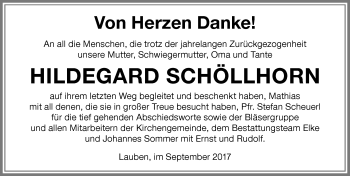 Traueranzeige von Hildegard Schöllhorn von Memminger Zeitung