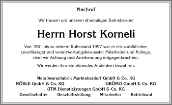 Traueranzeige von Horst Korneli von Allgäuer Zeitung, Marktoberdorf