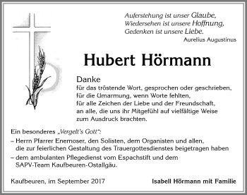 Traueranzeige von Hubert Hörmann von Allgäuer Zeitung, Kaufbeuren/Buchloe