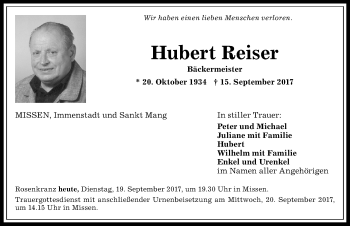 Traueranzeige von Hubert Reiser von Allgäuer Anzeigeblatt