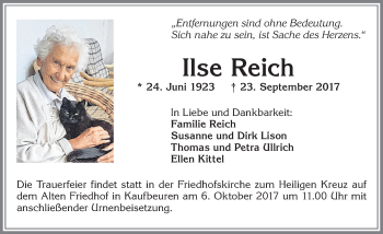 Traueranzeige von Ilse Reich von Allgäuer Zeitung, Kaufbeuren/Buchloe