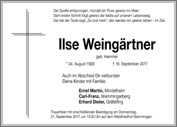 Traueranzeige von Ilse Weingärtner von Memminger Zeitung