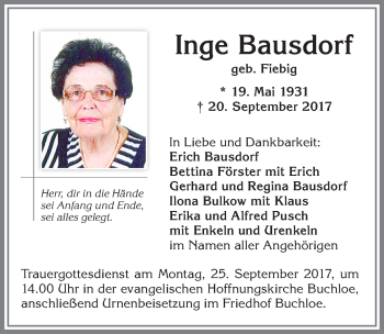 Traueranzeige von Inge Bausdorf von Allgäuer Zeitung, Kaufbeuren/Buchloe