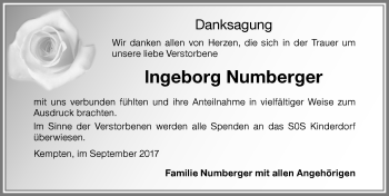 Traueranzeige von Ingeborg Numberger von Allgäuer Zeitung,Kempten
