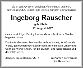 Traueranzeige von Ingeborg Rauscher von Allgäuer Zeitung, Kaufbeuren/Buchloe
