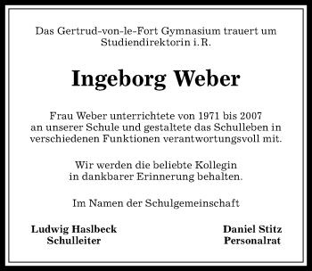 Traueranzeige von Ingeborg Weber von Allgäuer Anzeigeblatt