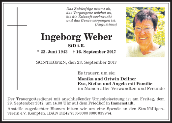 Traueranzeige von Ingeborg Weber von Allgäuer Anzeigeblatt
