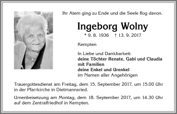 Traueranzeige von Ingeborg Wolny von Allgäuer Zeitung,Kempten