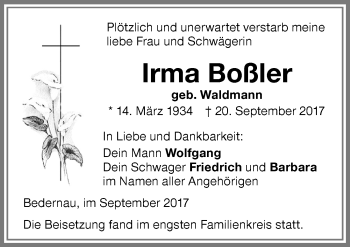 Traueranzeige von Irma Boßler von Memminger Zeitung