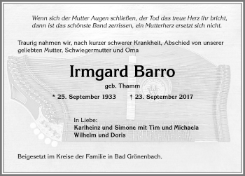 Traueranzeige von Irmgard Barro von Memminger Zeitung
