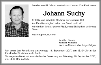 Traueranzeige von Johann Suchy von Allgäuer Zeitung, Kaufbeuren/Buchloe