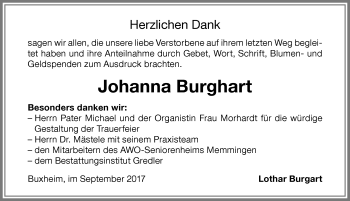 Traueranzeige von Johanna Burghart von Memminger Zeitung