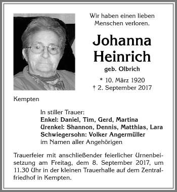 Traueranzeige von Johanna Heinrich von Allgäuer Zeitung,Kempten