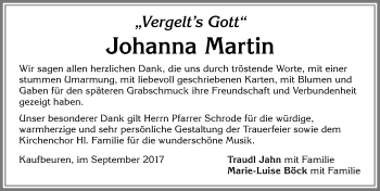 Traueranzeige von Johanna Martin von Allgäuer Zeitung, Kaufbeuren/Buchloe