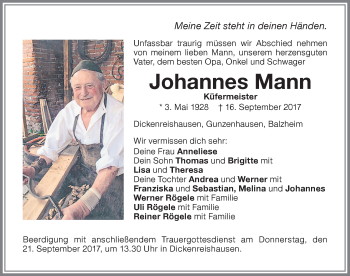 Traueranzeige von Johannes Mann von Memminger Zeitung
