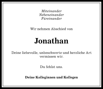 Traueranzeige von Jonathan  von Allgäuer Anzeigeblatt