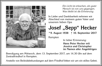 Traueranzeige von Josef Hecker von Allgäuer Zeitung,Kempten