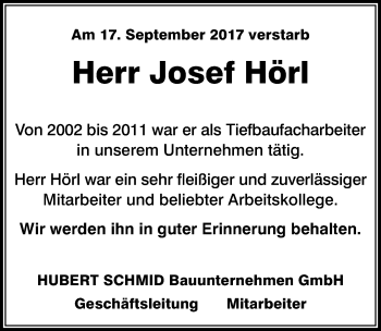 Traueranzeige von Josef Hörl von Allgäuer Zeitung, Marktoberdorf