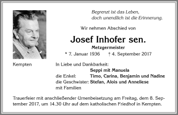 Traueranzeige von Josef Inhofer sen. von Allgäuer Zeitung,Kempten