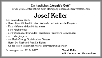 Traueranzeige von Josef Keller von Allgäuer Zeitung, Füssen