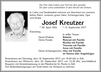 Traueranzeige von Josef Kreutzer von Allgäuer Zeitung, Füssen