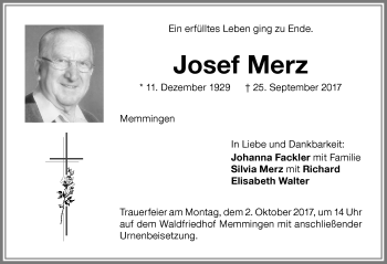 Traueranzeige von Josef Merz von Memminger Zeitung