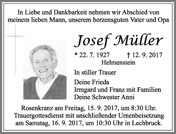Traueranzeige von Josef Müller von Allgäuer Zeitung, Füssen