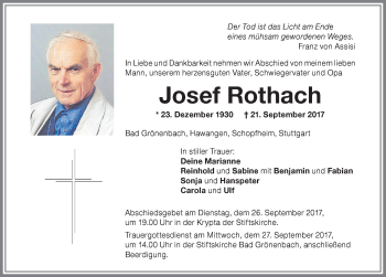 Traueranzeige von Josef Rothach von Memminger Zeitung