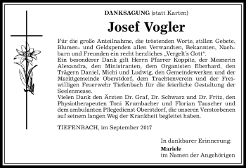 Traueranzeige von Josef Vogler von Allgäuer Anzeigeblatt