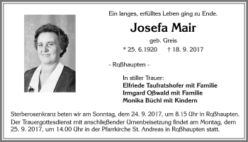 Traueranzeige von Josefa Mair von Allgäuer Zeitung, Füssen