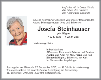 Traueranzeige von Josefa Steinhauser von Allgäuer Zeitung