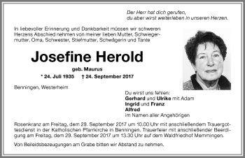 Traueranzeige von Josefine Herold von Memminger Zeitung