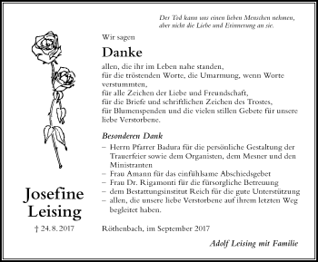 Traueranzeige von Josefine Leising von Der Westallgäuer