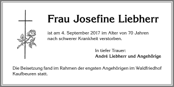 Traueranzeige von Josefine Liebherr von Allgäuer Zeitung, Kaufbeuren/Buchloe