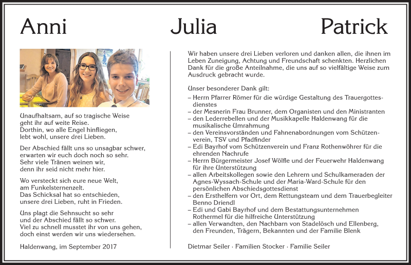  Traueranzeige für Julia  vom 16.09.2017 aus Allgäuer Zeitung,Kempten