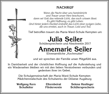 Traueranzeige von Anni, Julia und Patrick Seiler von Allgäuer Zeitung,Kempten