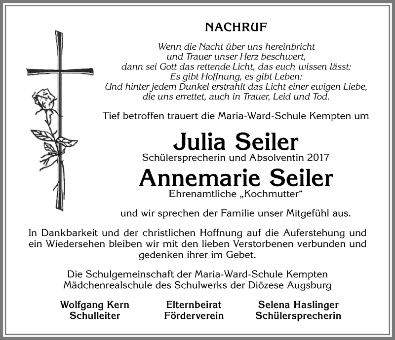  Traueranzeige für Anni, Julia und Patrick Seiler vom 05.09.2017 aus Allgäuer Zeitung,Kempten