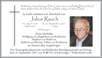 Traueranzeige von Julius Rauch von Allgäuer Zeitung, Füssen