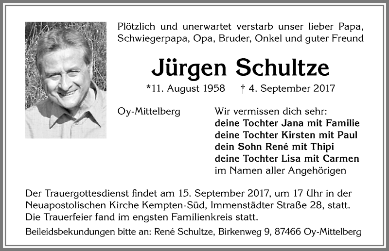  Traueranzeige für Jürgen Schultze vom 09.09.2017 aus Allgäuer Zeitung,Kempten