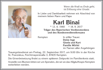 Traueranzeige von Karl Binai von Allgäuer Zeitung,Kempten
