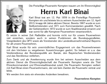 Traueranzeige von Karl Binai von Allgäuer Zeitung,Kempten
