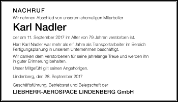 Traueranzeige von Karl Nadler von Der Westallgäuer