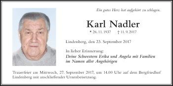 Traueranzeige von Karl Nadler von Der Westallgäuer