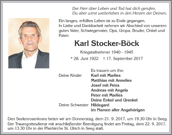 Traueranzeige von Karl Stocker-Böck von Allgäuer Zeitung, Füssen