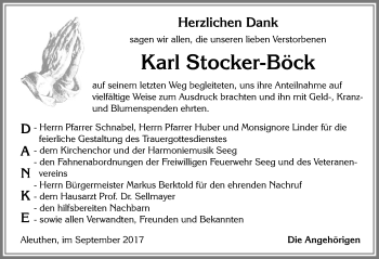 Traueranzeige von Karl Stocker-Böck von Allgäuer Zeitung, Füssen