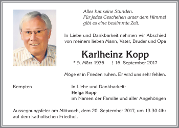 Traueranzeige von Karlheinz Kopp von Allgäuer Zeitung,Kempten