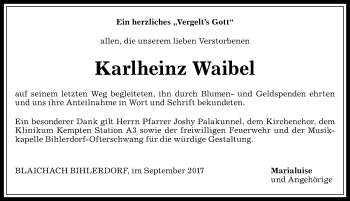 Traueranzeige von Karlheinz Waibel von Allgäuer Anzeigeblatt